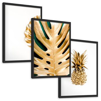 Zestaw obrazy w ramie, plakaty - złoty, liść, ananas - rama czarna