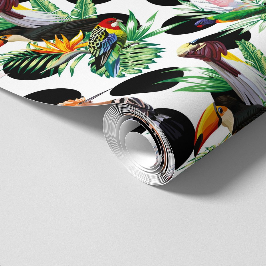 Tapeta - papugi, liście, kropki