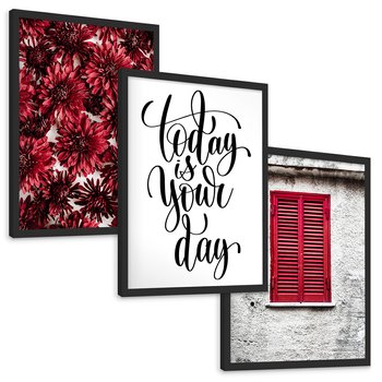 Zestaw obrazy w ramie, plakaty - kwiaty, okno, typografia - rama czarna