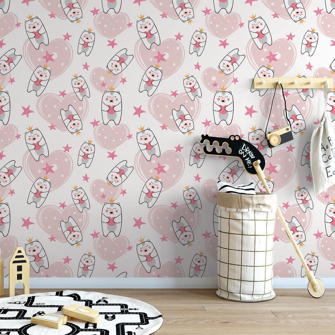 Tapeta - dziecięca, miś, korona, serce