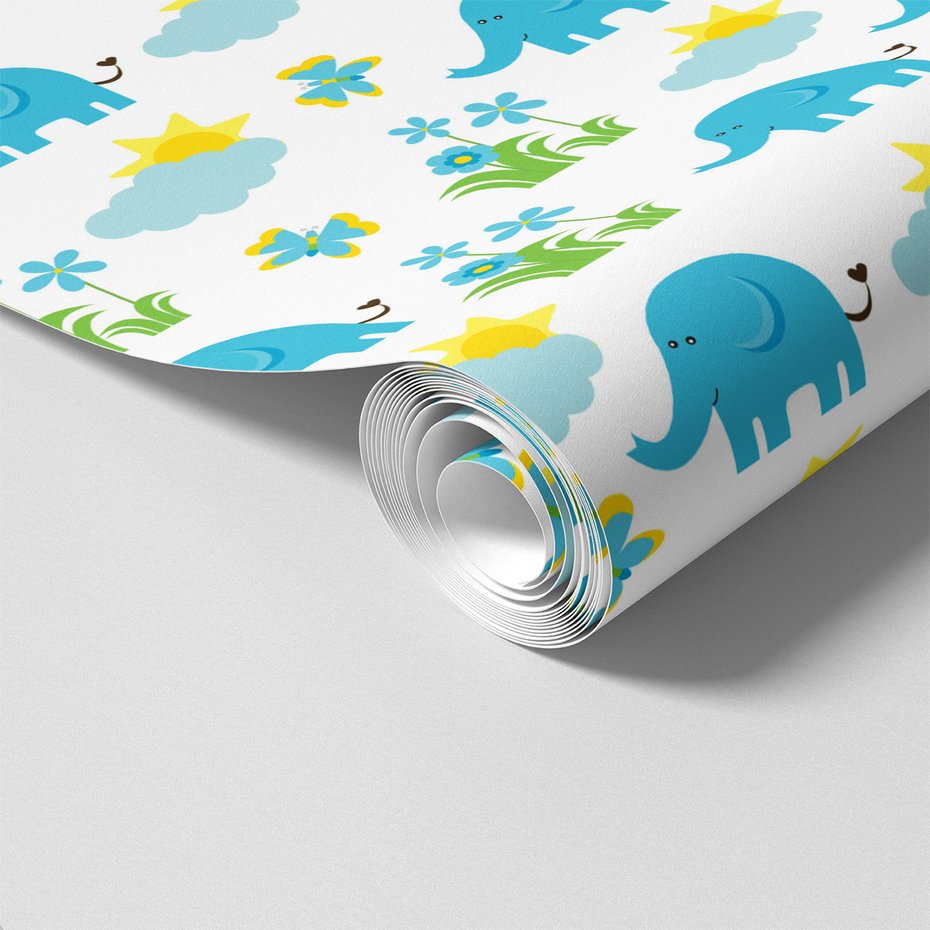 Tapeta - dziecięca, słoń, motyl, kwiat