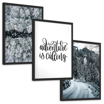 Zestaw obrazy w ramie, plakaty - zima, śnieg, las - rama czarna