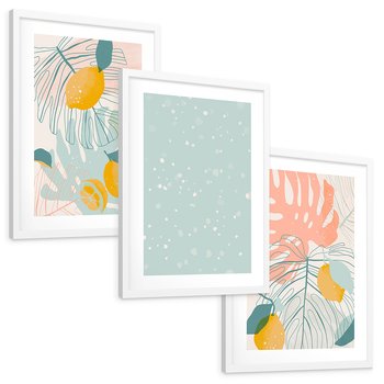 Zestaw obrazy w ramie, plakaty - liście, cytryny, abstrakcja - rama biała