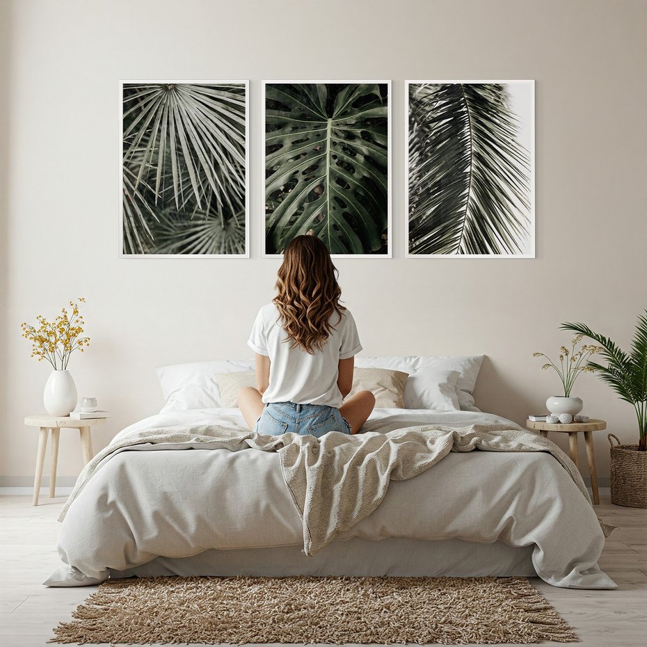 Zestaw obrazy w ramie, plakaty - liście, palmy, tropikalne - rama biała