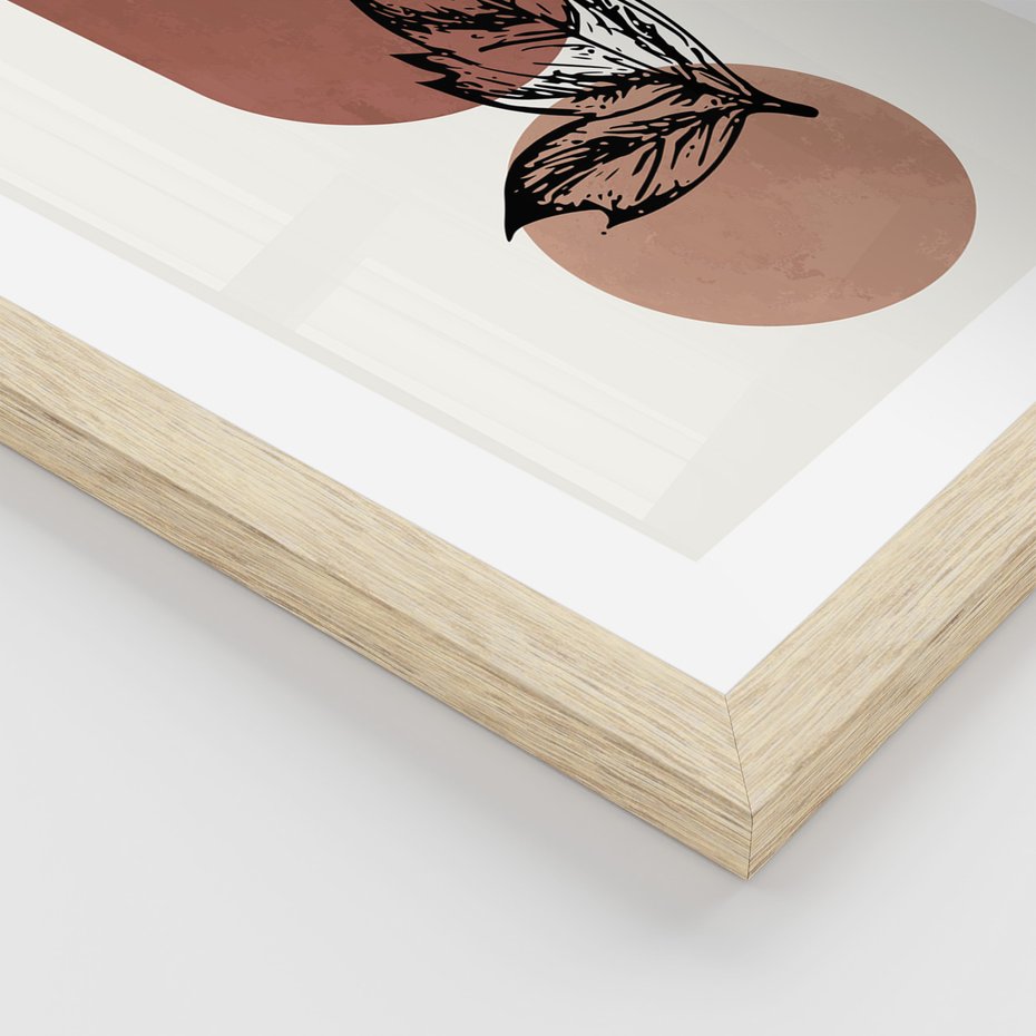 Zestaw obrazy w ramie, plakaty - abstrakcja, liście, kształty - rama drewno