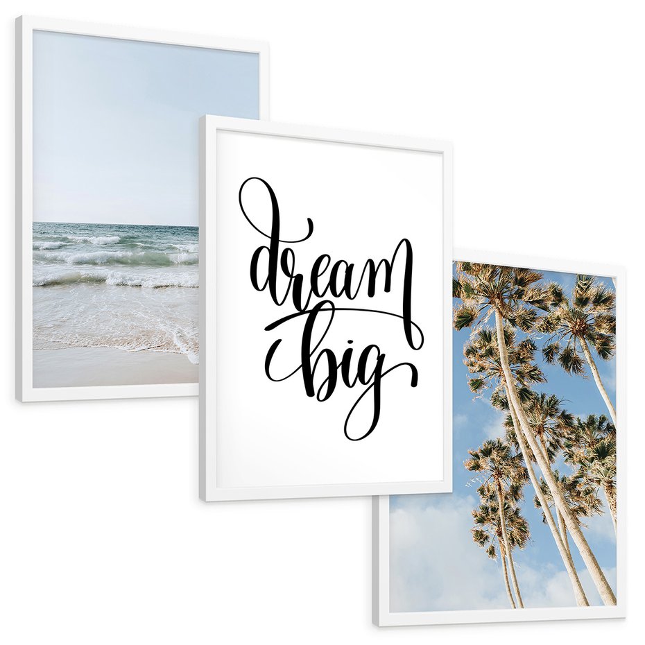 Zestaw obrazy w ramie, plakaty - plaża,palmy,morze - rama biała
