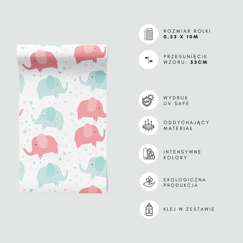 Tapeta - dziecięca, słonie, gwiazdy,