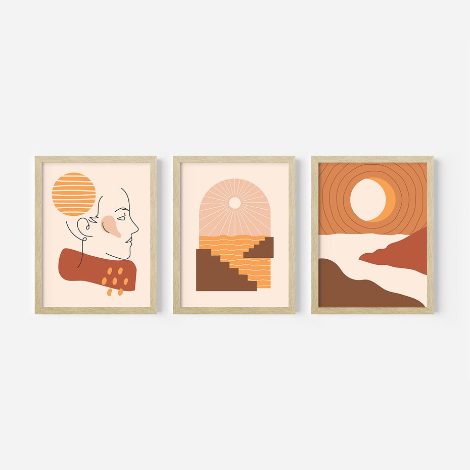 Zestaw obrazy w ramie, plakaty - abstrakcja, boho, minimalizm - rama drewno