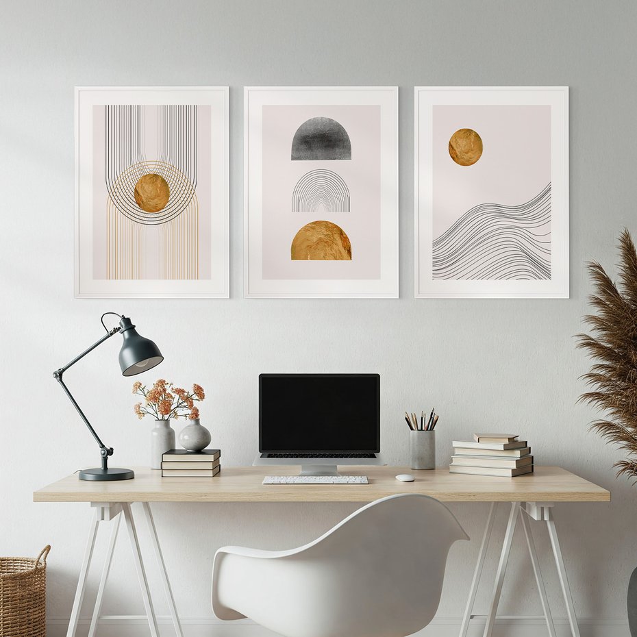 Zestaw obrazy w ramie, plakaty - abstrakcja, geometryczne, linie - rama biała