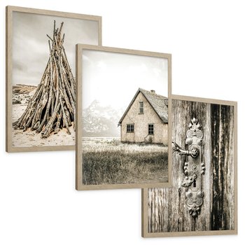 Zestaw obrazy w ramie, plakaty - vintage, dom, drewno - rama drewno