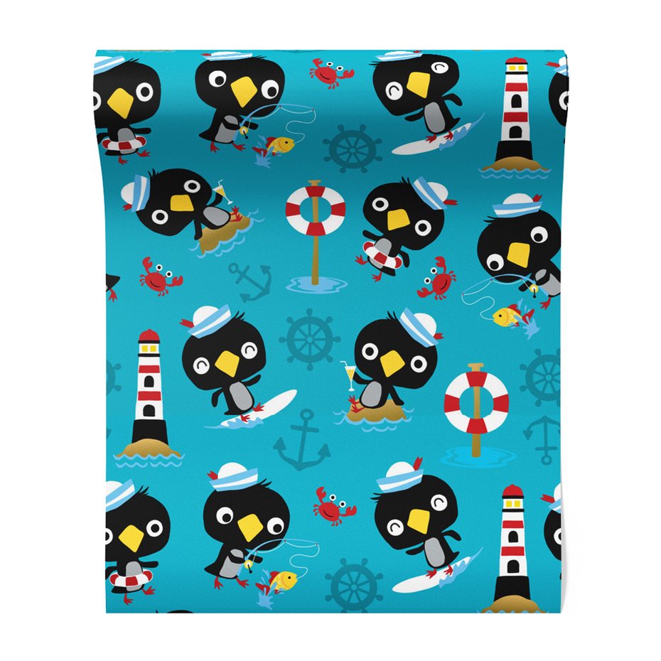 Tapeta - dziecięca, pingwin, morze, kotwica