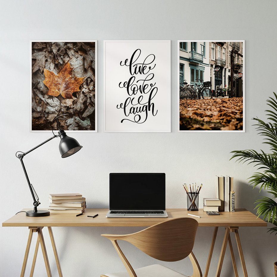 Zestaw obrazy w ramie, plakaty - liście, jesień, napisy - rama biała