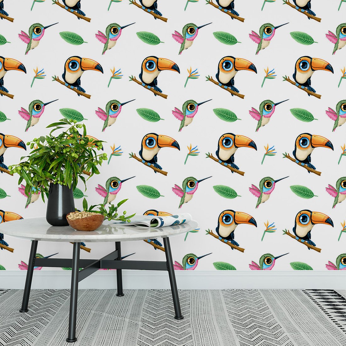 Tapeta - dziecięca, tukany, kolibry, liście