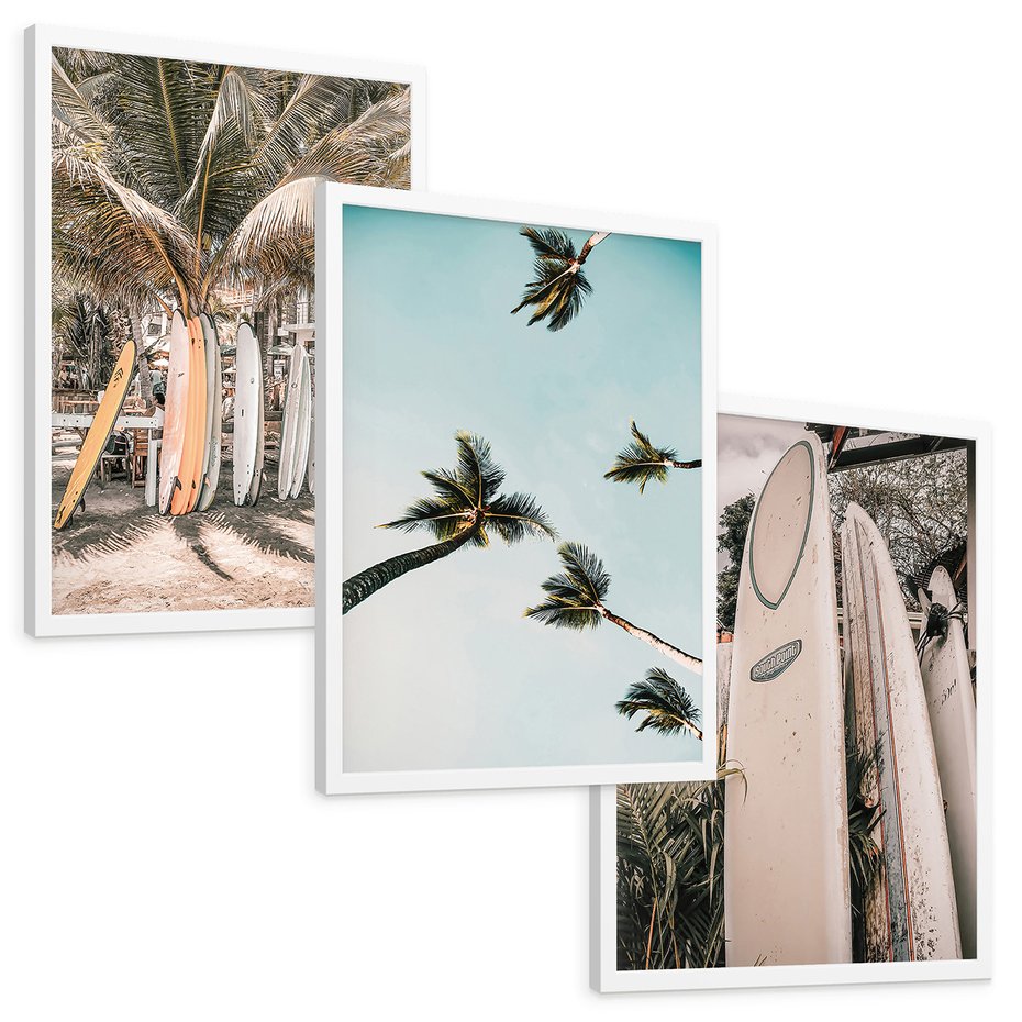 Zestaw obrazy w ramie, plakaty - palmy, deski surfingowe, plaża - rama biała