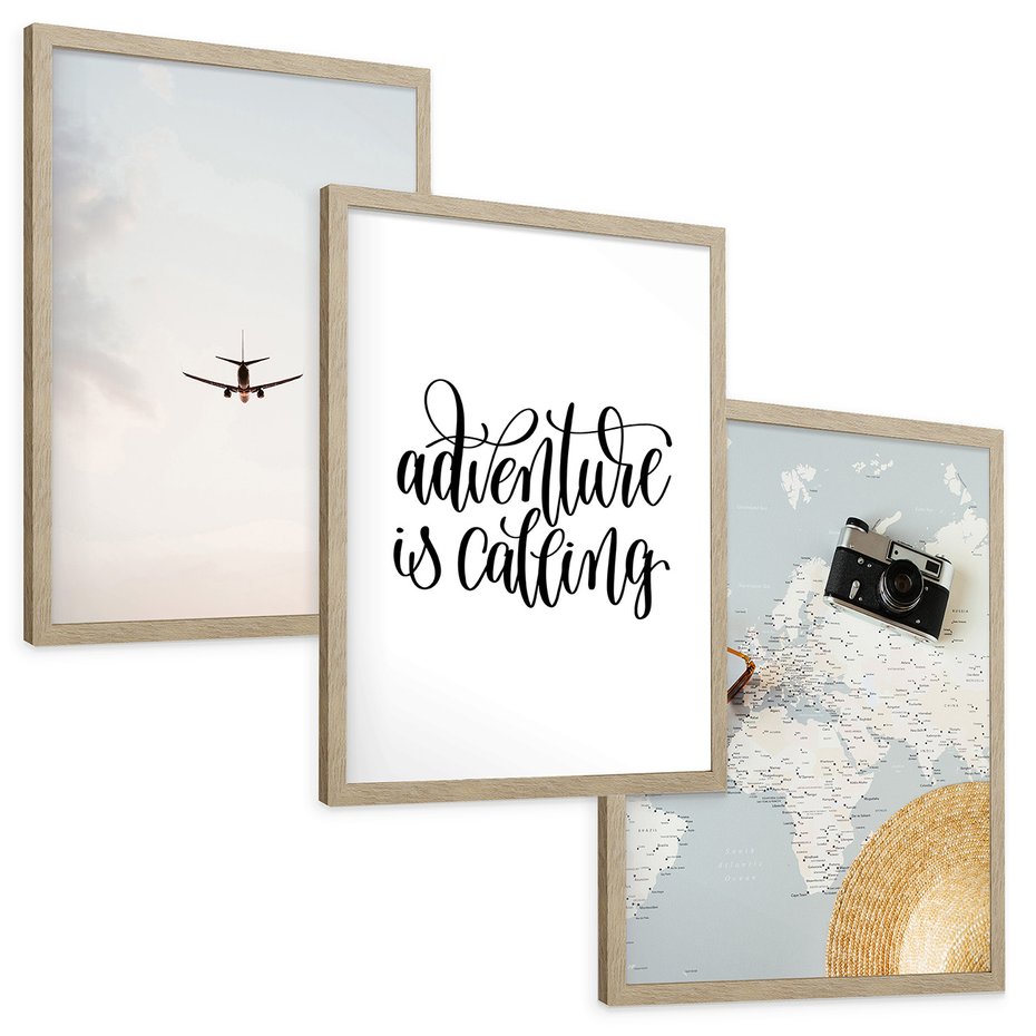 Zestaw obrazy w ramie, plakaty - podróż, samolot, mapa - rama drewno