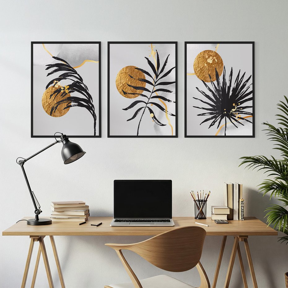 Zestaw obrazy w ramie, plakaty - liście, abstrakcja, złoto - rama czarna
