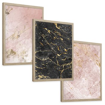 Zestaw obrazy w ramie, plakaty - marmur, tekstura, złoto - rama drewno