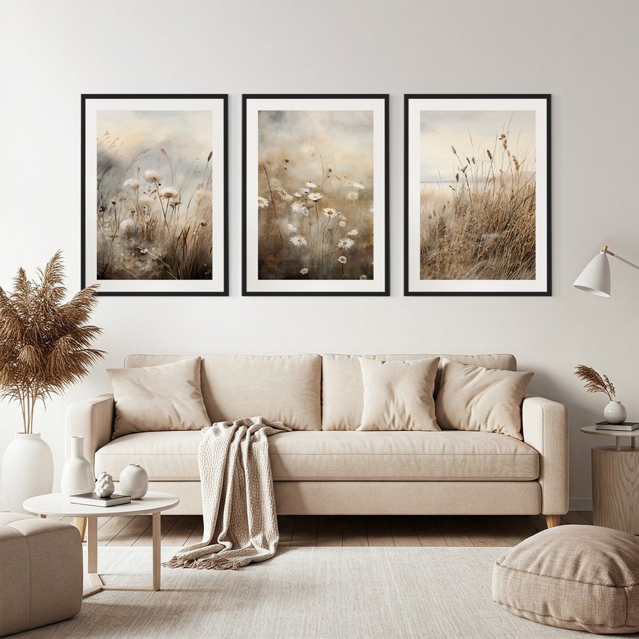 Zestaw obrazy w ramie, plakaty - kwiaty, trawa, delikatne - rama czarna
