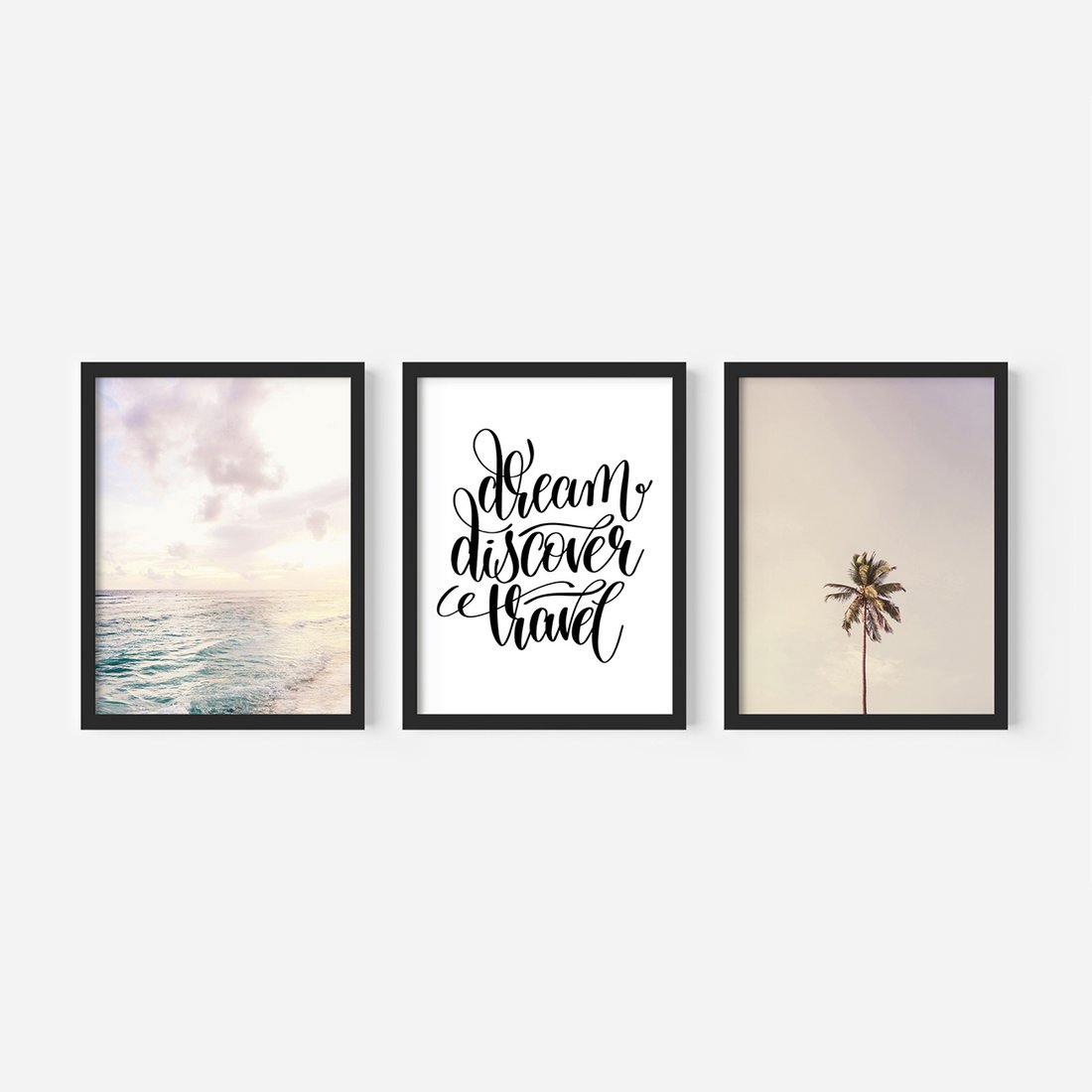 Zestaw obrazy w ramie, plakaty - plaża,palma,napis - rama czarna