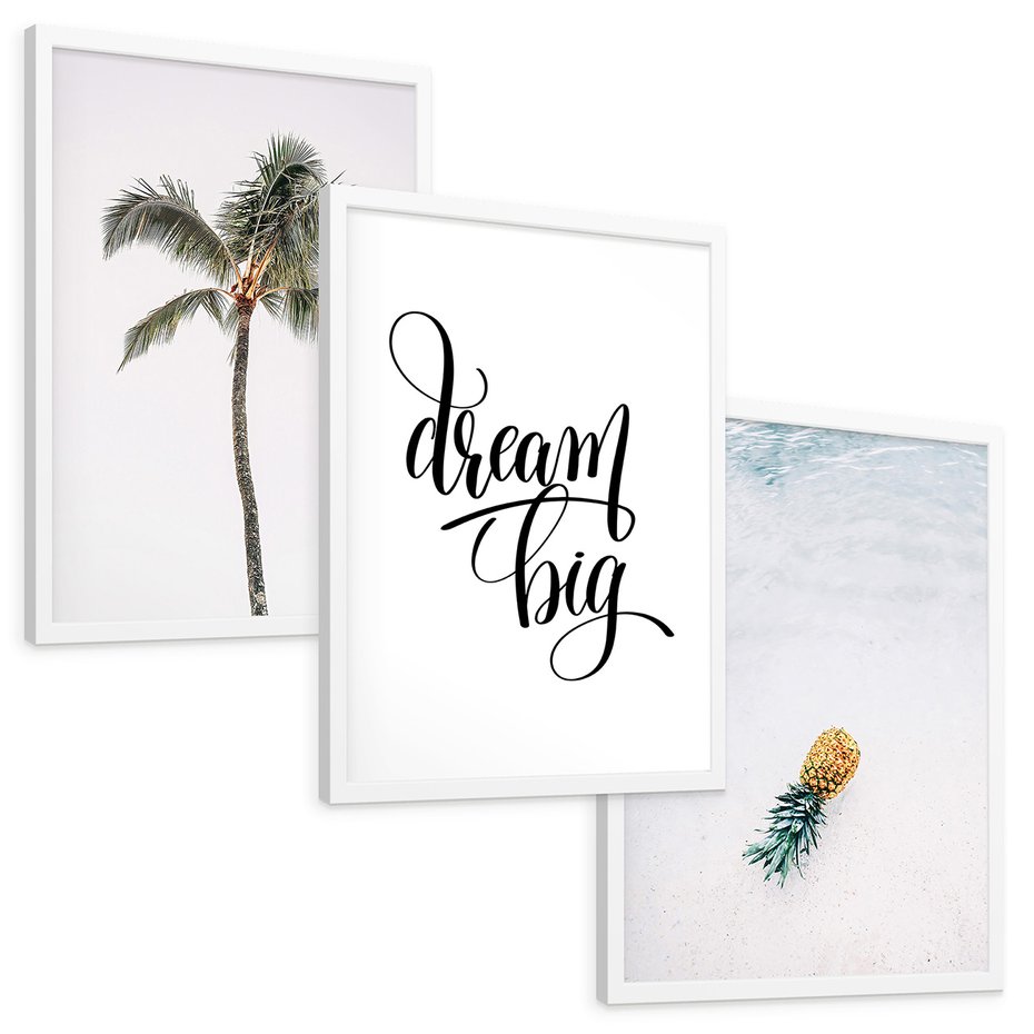 Zestaw obrazy w ramie, plakaty - palma, ananas, tropikalny - rama biała