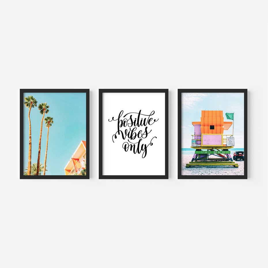 Zestaw obrazy w ramie, plakaty - palmy, plaża, tropikalny - rama czarna