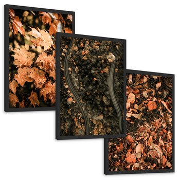 Zestaw obrazy w ramie, plakaty - liście, jesień, droga - rama czarna