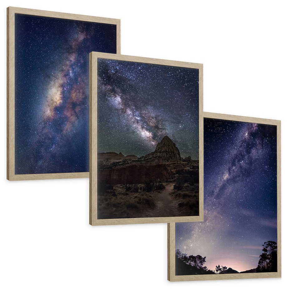 Zestaw obrazy w ramie, plakaty - gwiazdy, noc, galaktyka - rama drewno