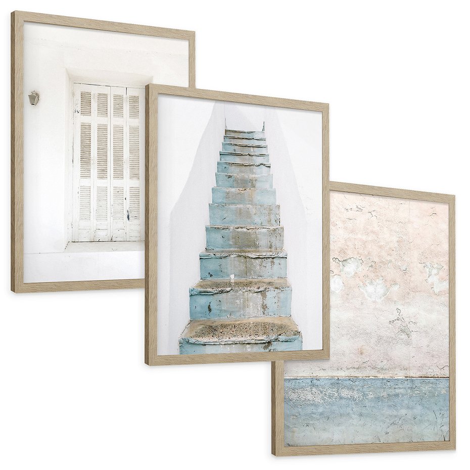 Zestaw obrazy w ramie, plakaty - ściana, schody, drzwi - rama drewno