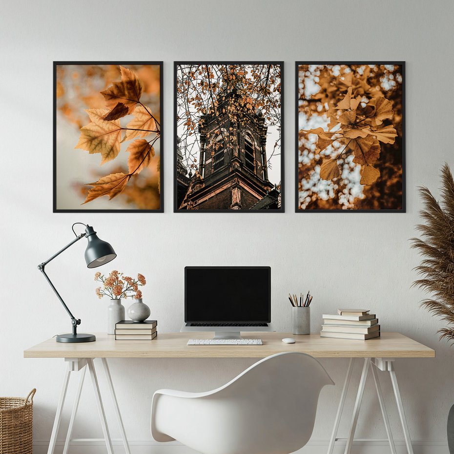 Zestaw obrazy w ramie, plakaty - liście, jesień, budynek - rama czarna