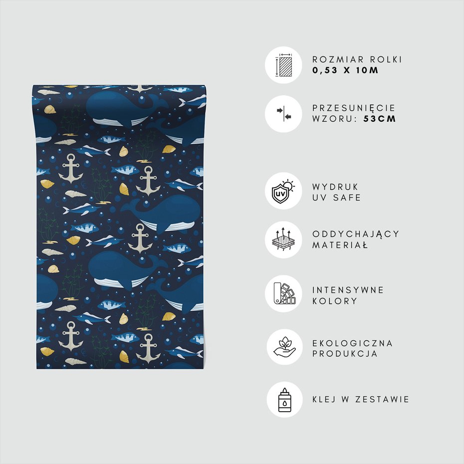 Tapeta - dziecięca, wieloryby, ryby, kotwice