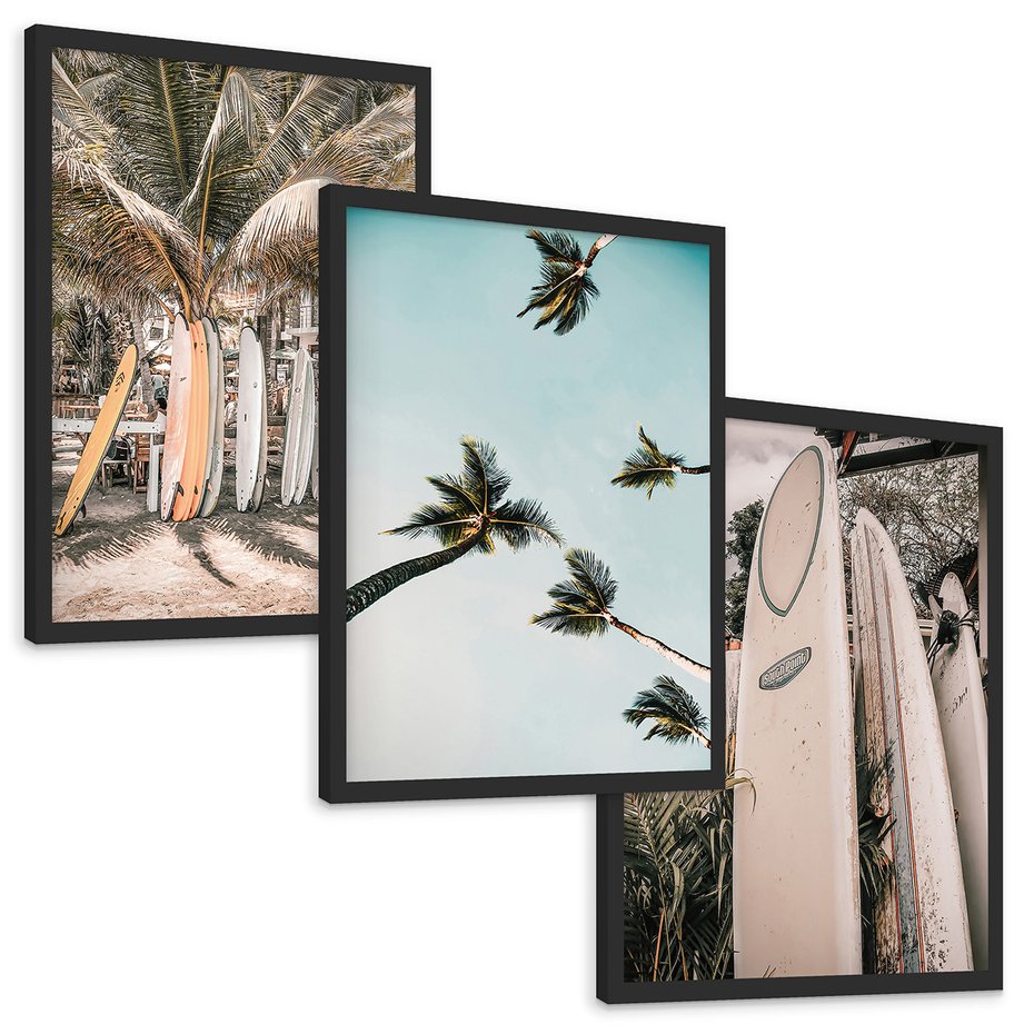 Zestaw obrazy w ramie, plakaty - palmy, deski surfingowe, plaża - rama czarna