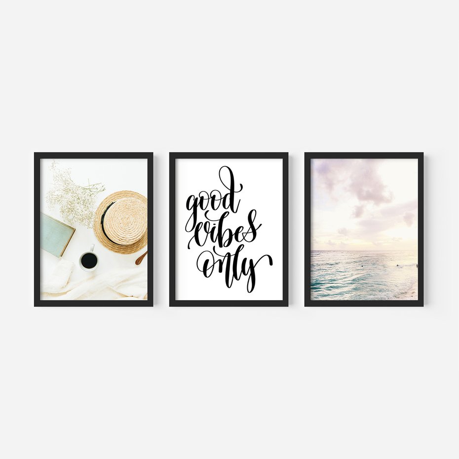 Zestaw obrazy w ramie, plakaty - kwiaty, lato, morze - rama czarna