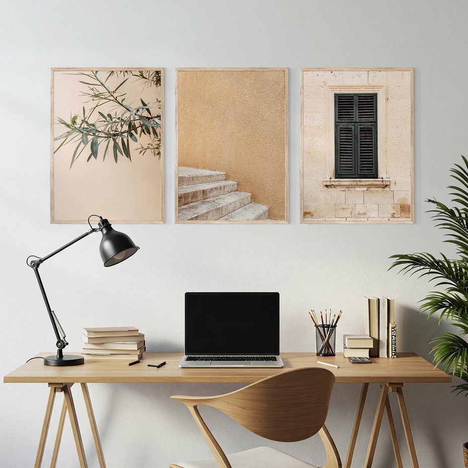 Zestaw obrazy w ramie, plakaty - liście, budynek, okno - rama drewno