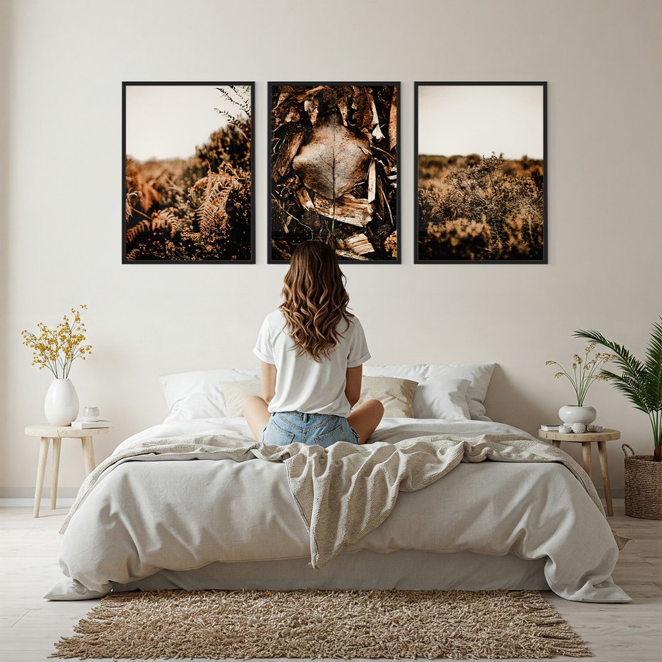 Zestaw obrazy w ramie, plakaty - liście, roślinność, brązowy - rama czarna