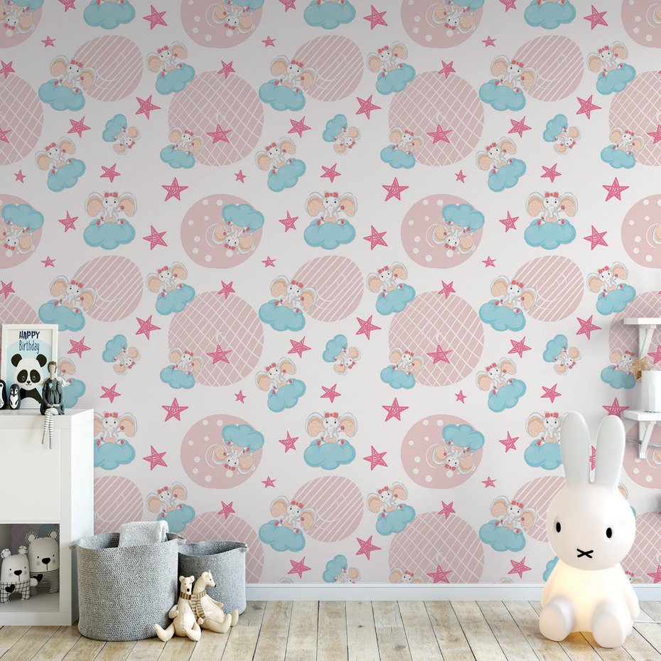 Tapeta - dziecięca, słonie, chmury, gwiazdy