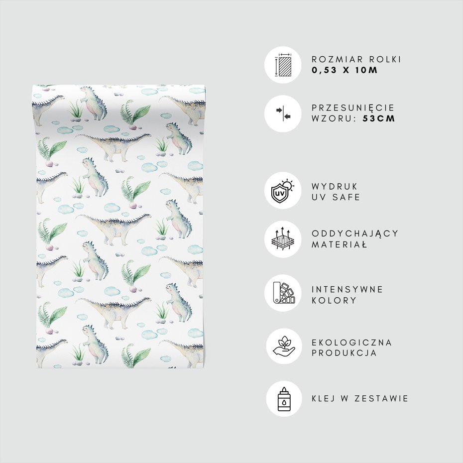 Tapeta - dziecięca, dinozaury, liście, chmury