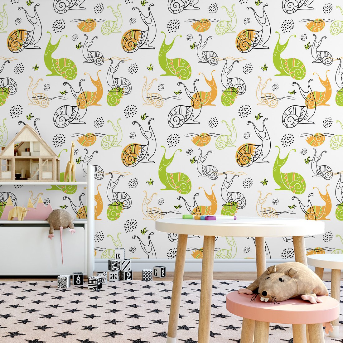 Tapeta - dziecięca, ślimaki, wzory, kropki