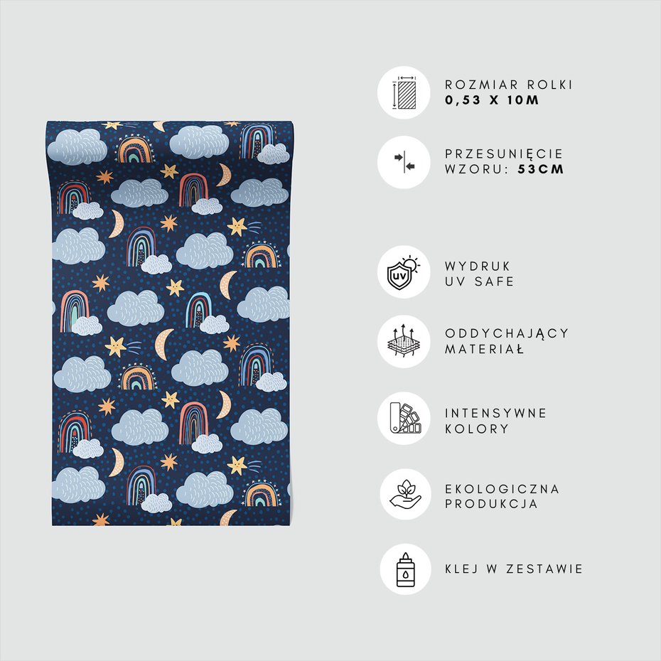 Tapeta - dziecięca, chmury, gwiazdy, tęcze