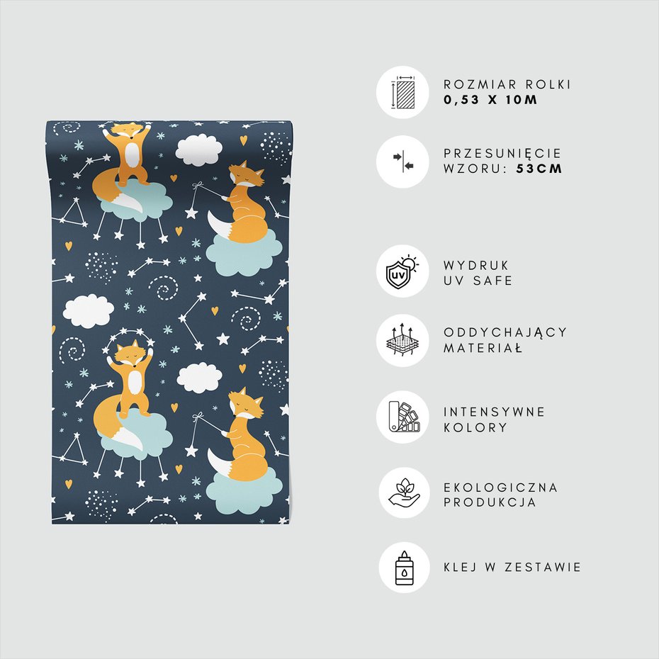 Tapeta - dziecięca, lisy, chmury, gwiazdy