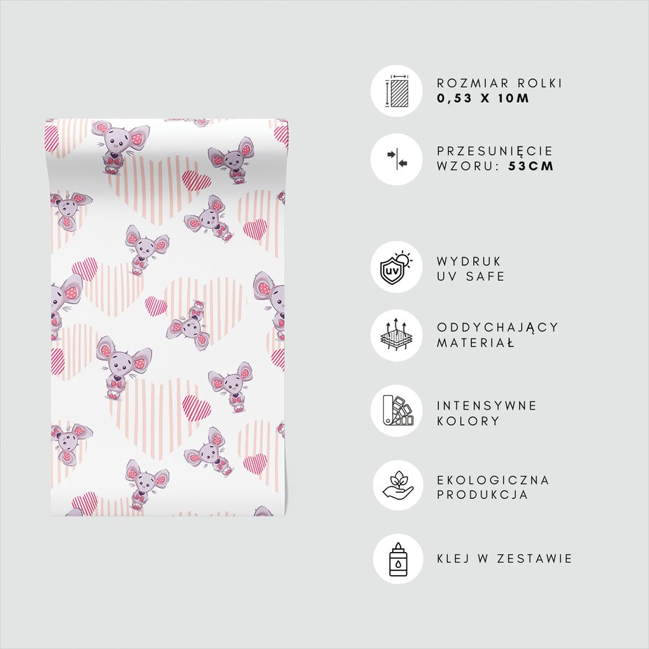 Tapeta - dziecięca, myszka, serca, tło