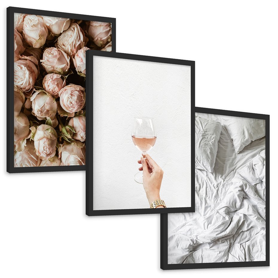 Zestaw obrazy w ramie, plakaty - róże, wino, pościel - rama czarna