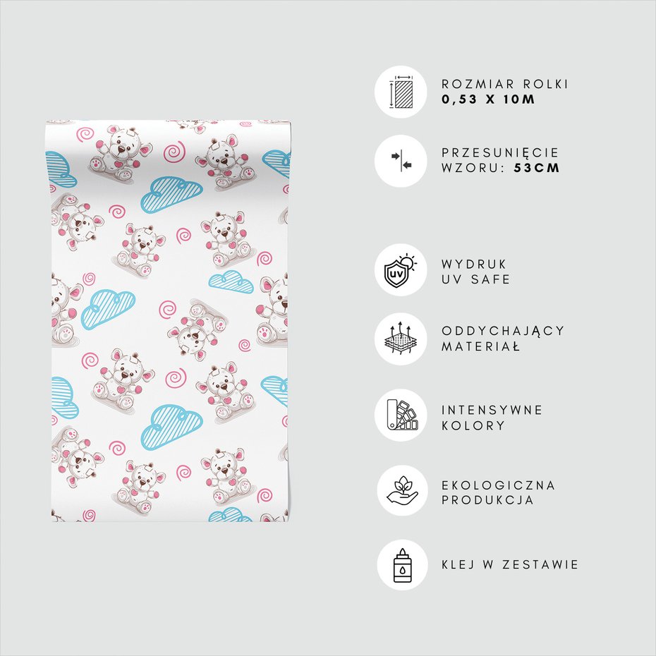 Tapeta - dziecięca, misie, chmury,