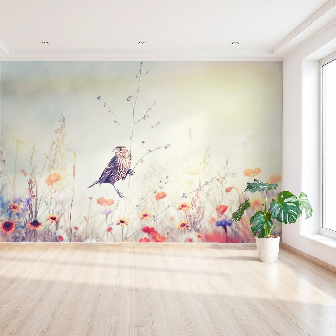 Fototapeta - ptak, kwiaty, łąka