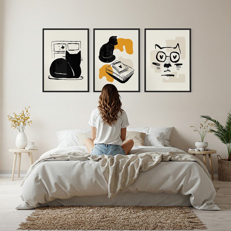 Zestaw obrazy w ramie, plakaty - kot, ilustracja, grafika - rama czarna