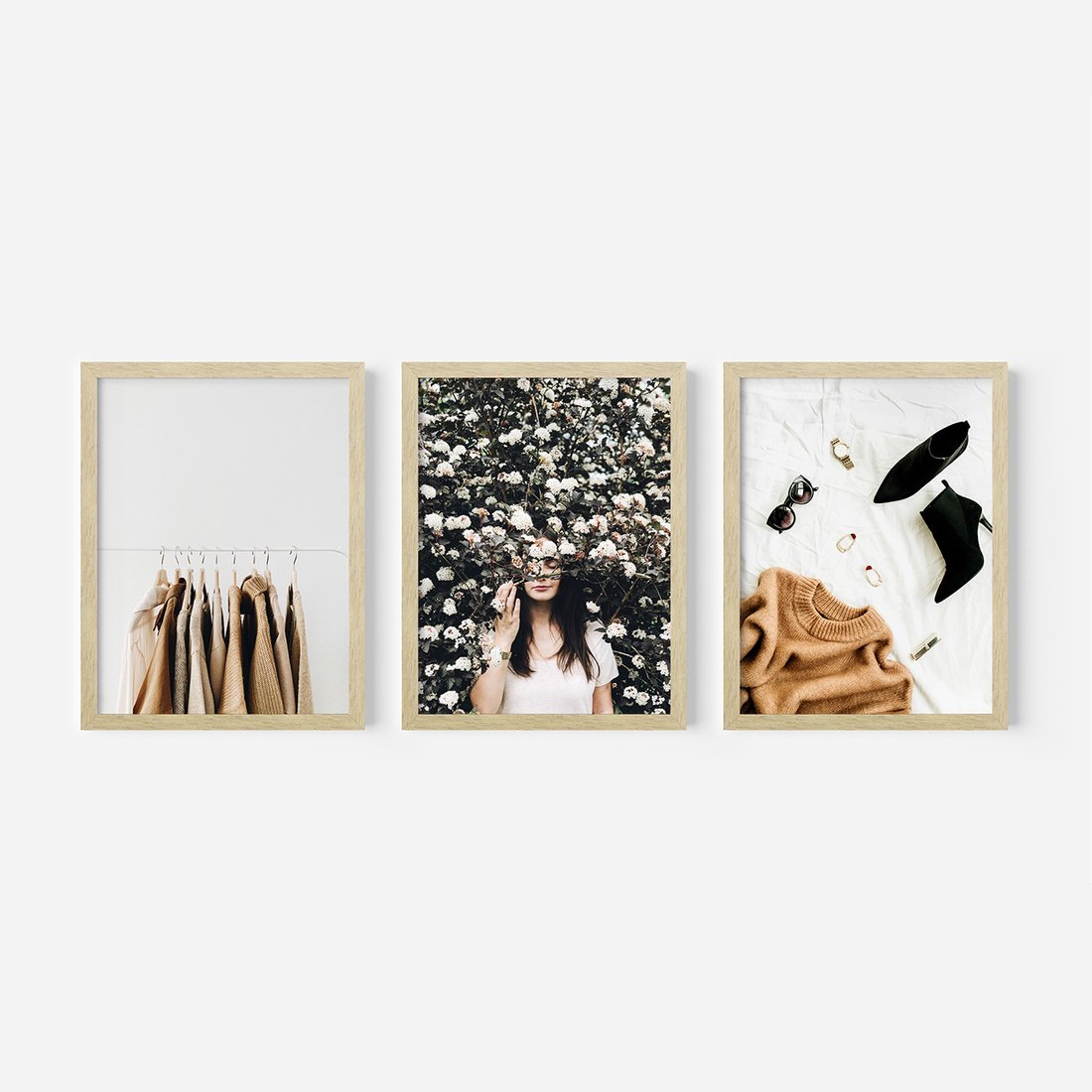 Zestaw obrazy w ramie, plakaty - ubrania, kobieta, styl - rama drewno