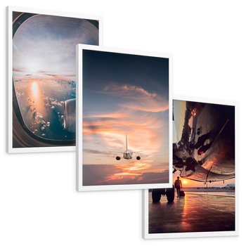 Zestaw obrazy w ramie, plakaty - samolot, niebo, podróż - rama biała