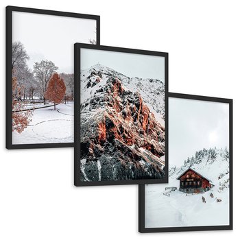 Zestaw obrazy w ramie, plakaty - zima, śnieg, góry - rama czarna