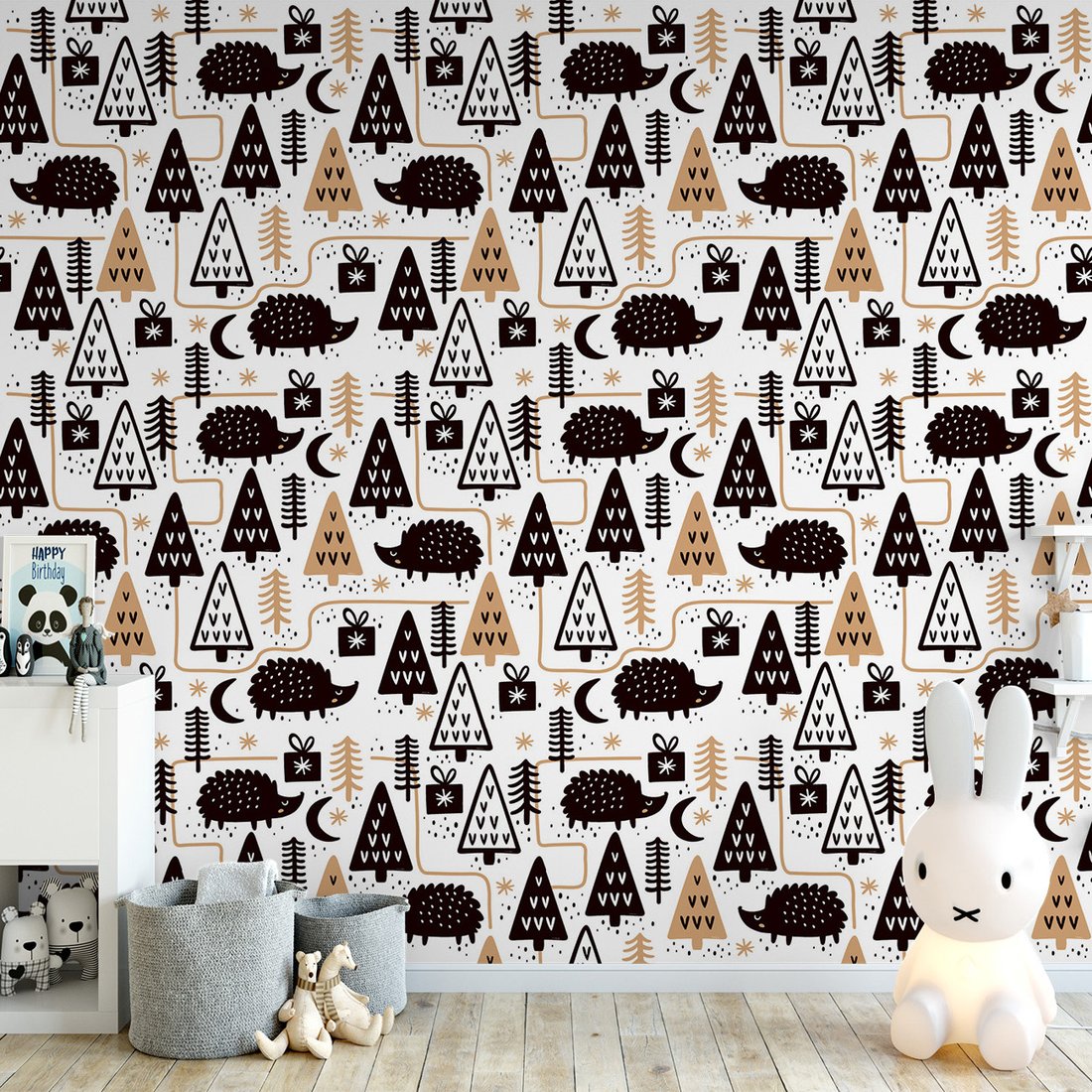 Tapeta - dziecięca, jeże, prezenty, drzewa