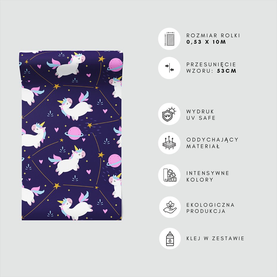 Tapeta - dziecięca, jednorożce, gwiazdy, planety