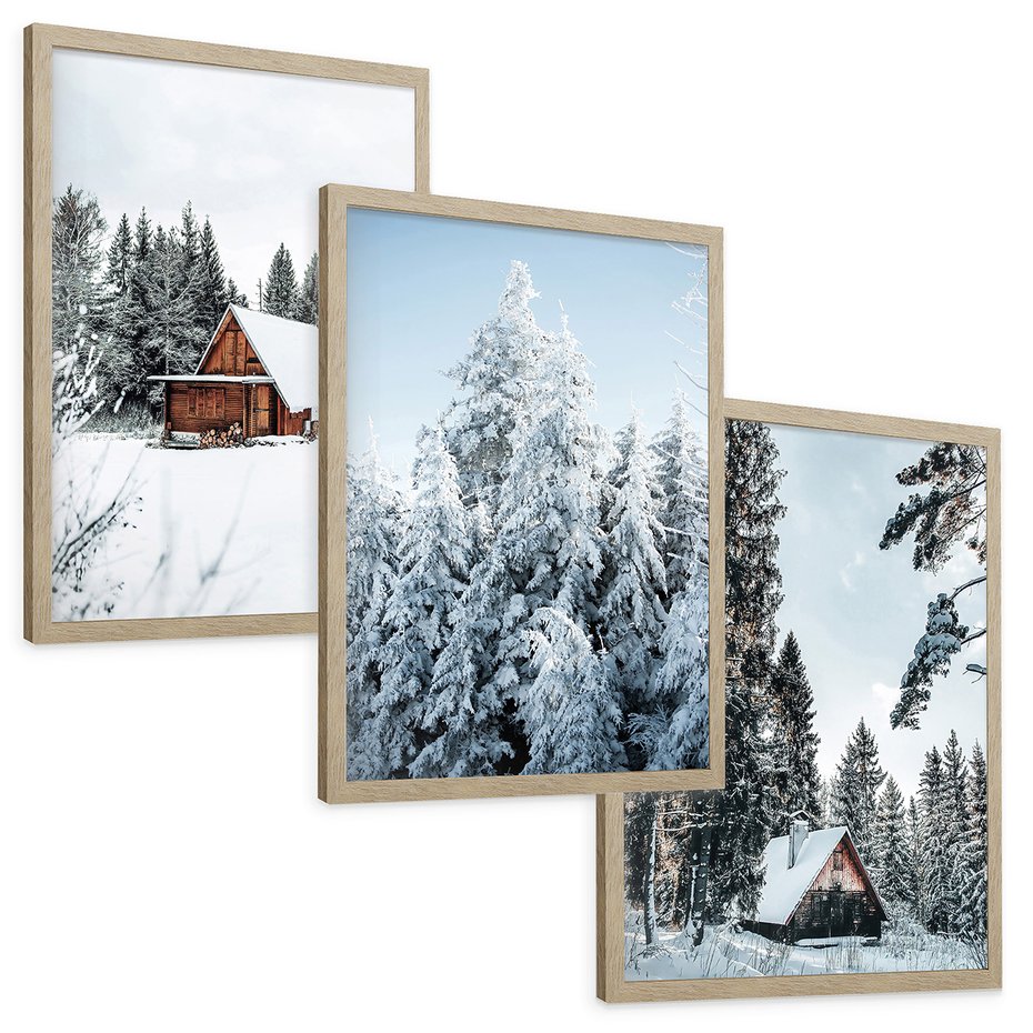 Zestaw obrazy w ramie, plakaty - zima, śnieg, drzewa - rama drewno